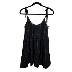 Aerie Black Mini Dress Swim Cover-Up Metallic Gold Pinstripe Tiered XS NWT